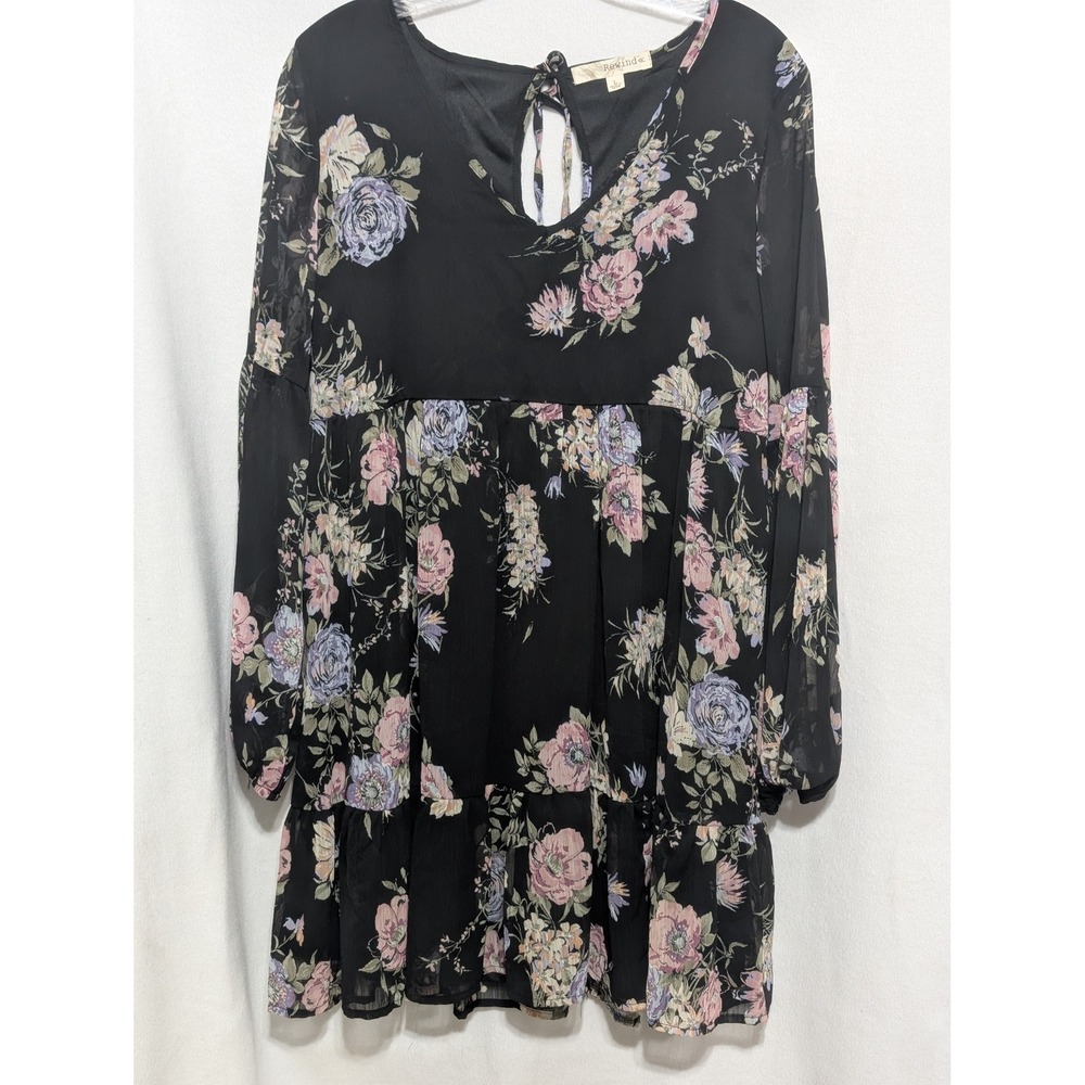 Rewind Womens Black Floral Long Sleeve Babydoll Mini Dress Size L Boho Tiered